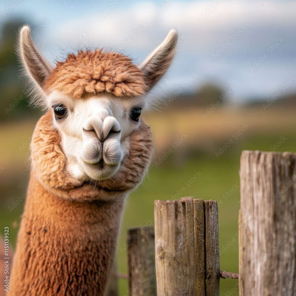 Obraz premium Cute Brown Alpaca Close up Farm Animal Portrait Fluffy Fur Wooden Fence