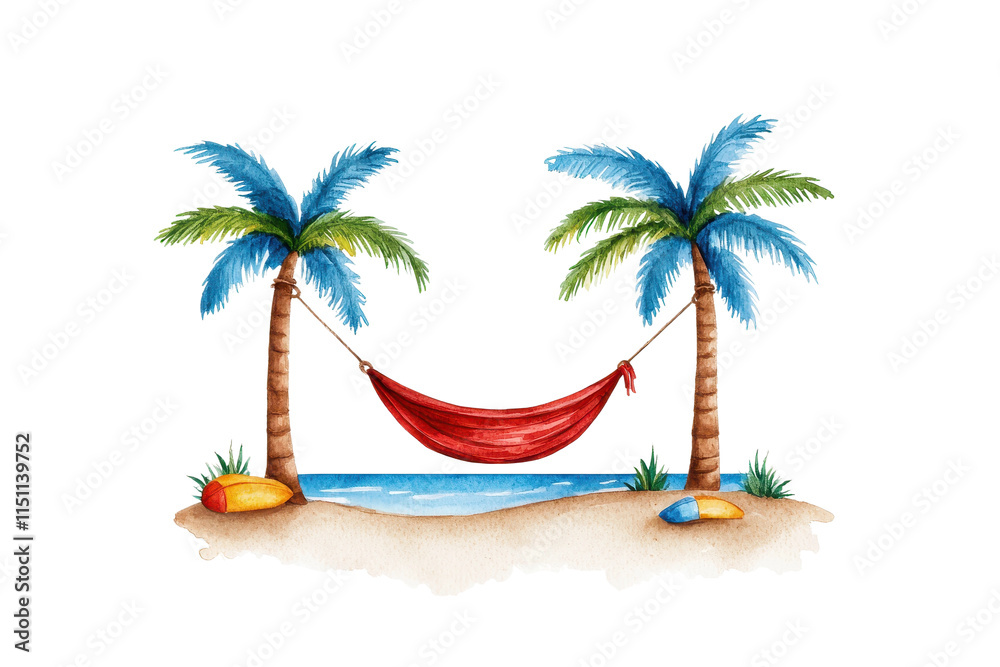 Naklejka premium Watercolor Hammock Between Palm Trees