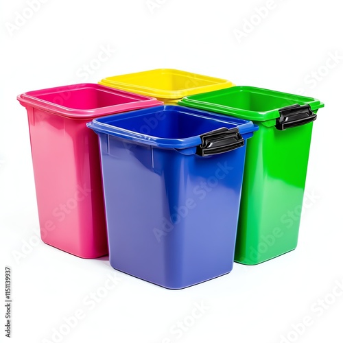 Colorful plastic bins for waste sorting on a white isolated background. photo