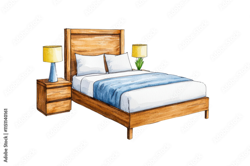 Elegant Watercolor Illustration of a Simple Bed Elegant Watercolor Illustration of a Simple Bed