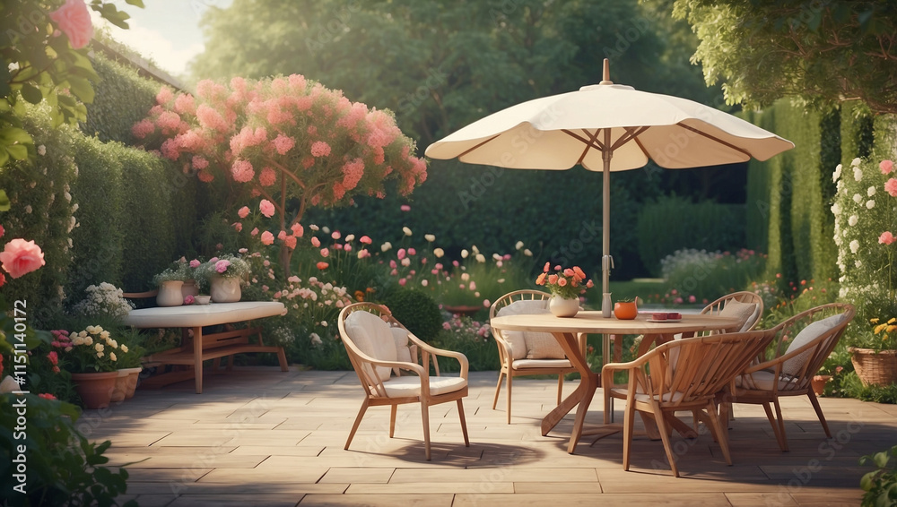 Obraz premium Stylish Garden Chairs, Table, and Parasol Set for Enjoyable Outdoor Gatherings