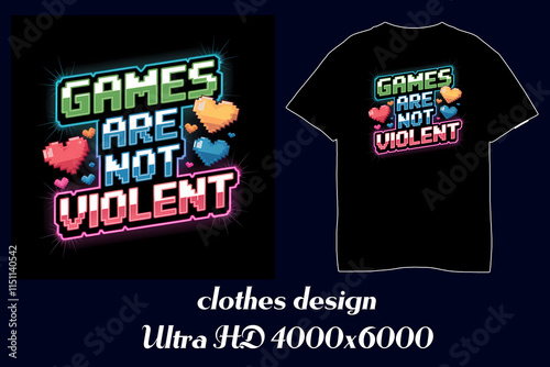 A pixel art design promoting a positive message that video games are not inherently violent, featuring hearts and neon-style text. photo