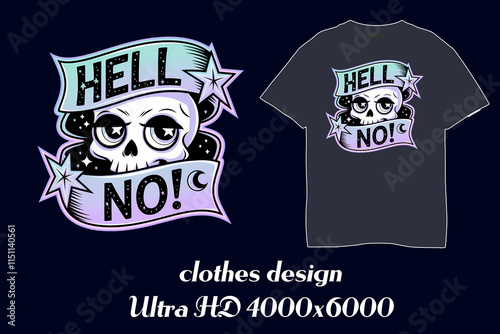 A cute cartoon skull with large eyes is featured in a pastel purple and lilac banner saying Hell No, adorned with stars and a crescent moon.