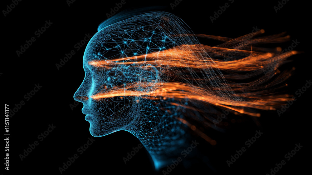 Εκτύπωση καμβά Abstract profile of a human face formed by glowing blue and orange lines, symbolizing AI, technology, and connection