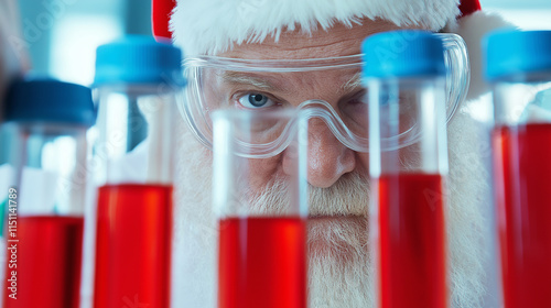 Santa Claus in a futuristic laboratory examining test tubes, combining Christmas themes with scientific innovation. photo