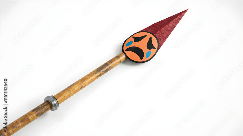 A javelin pole with a crying face sticker pasted on its shaft, showing lifelike material textures and vibrant colors, set on a clean white background, rendered in 8K A javelin pole with a crying face sticker pasted on its shaft, showing lifelike material textures and vibrant colors, set on a clean white background, rendered in 8K