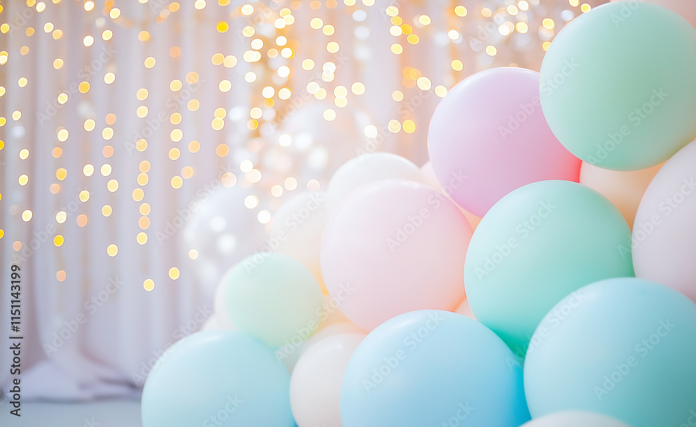 Group of pastel balloons in soft pink, blue, and purple hues with a festive bokeh background. Group of pastel balloons in soft pink, blue, and purple hues with a festive bokeh background.