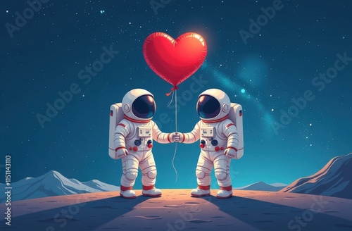 Two astronauts in spacesuit standing on lunar surface in outer space and holding red heart shaped balloon. Valentine's Day card. Concept: love to the moon and back