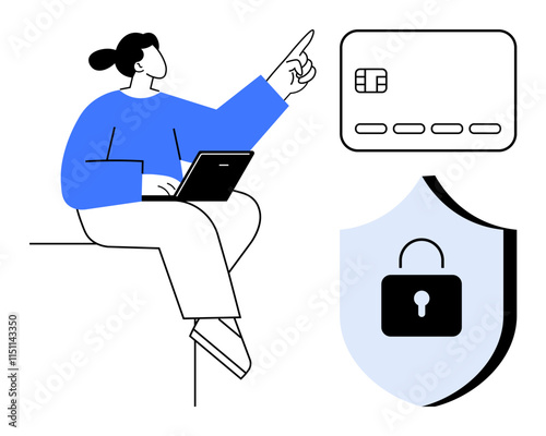 Woman working on laptop, pointing towards credit card and shield with lock icon. Ideal for concepts in finance, cybersecurity, online shopping, data protection, digital transactions, identity