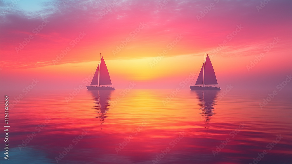 Fototapeta premium Romantic Sailboat on Calm Waters, Serene Sunset Ocean View