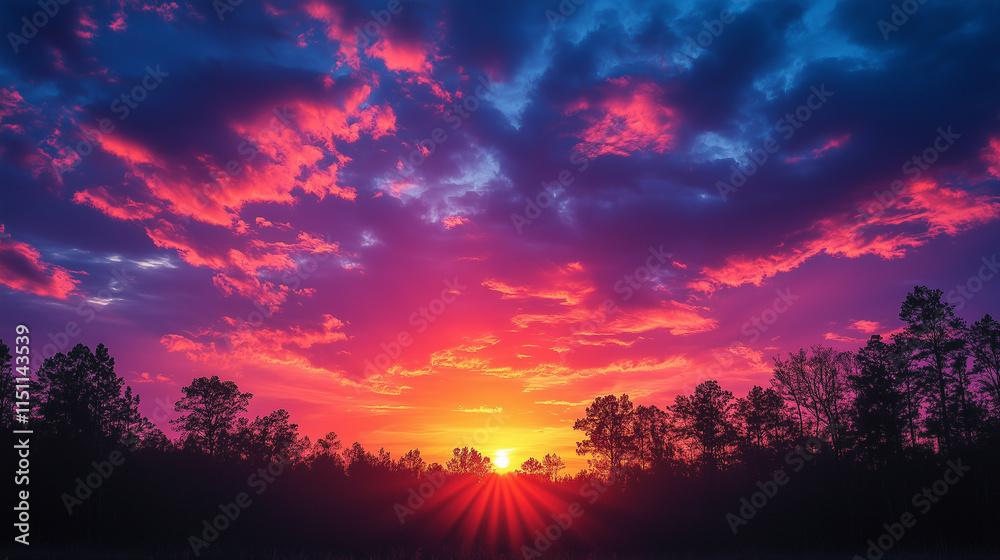 Vivid Sunset Behind Forest Trees, A Dramatic Skyscape of Nature’s Beauty
