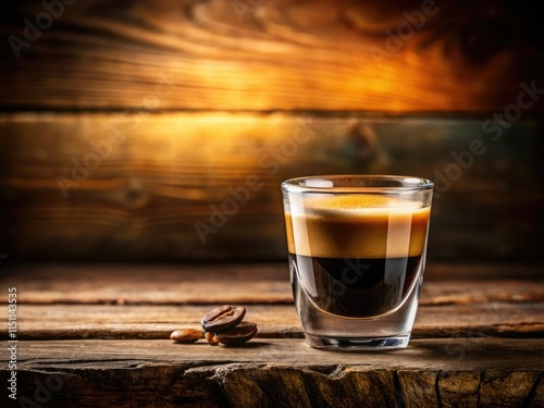 Layered espresso art graces a wooden table, bathed in light; a cafe's perfect beverage image. photo