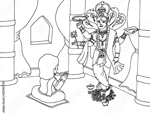 Cute cartoon hand drawn vector Bhakt praladh and lord vishnu coloring page.