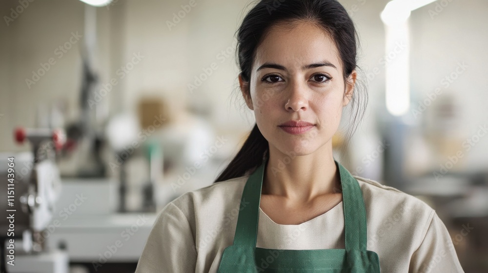 Fototapeta premium Stylish Young Woman with Dark Hair in Apron, Standing Confidently in Tailoring Workshop, Ready to Create Unique Designs, Showcasing Craftsmanship and Passion for Fashion