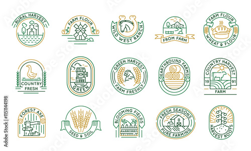 Farming and agriculture logos, labels, icons. A set of 15 farming logotypes. Harvest, Farm, Chicken, Soil. For agricultural business, organic farms, food production industries. Vector illustration