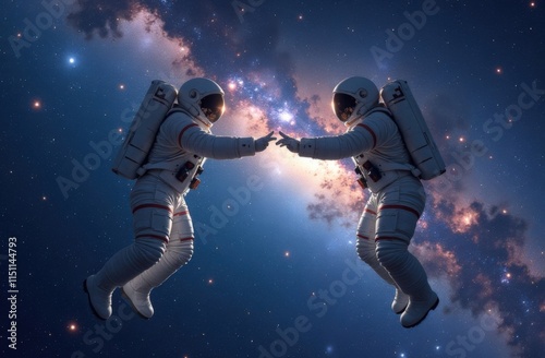 Two astronauts in spacesuits floating in outer space and holding hands. Valentine's Day card. Concept: love to the moon and back