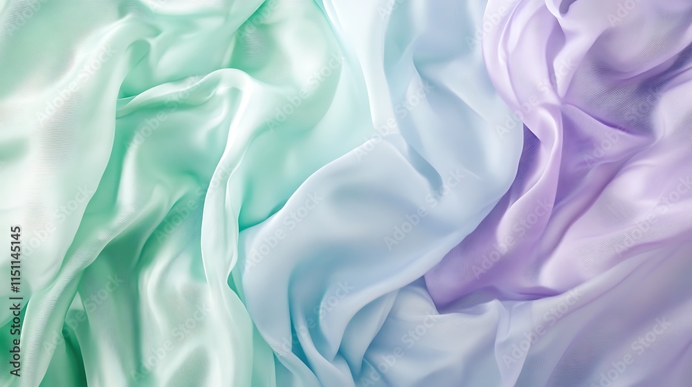 Fototapeta premium Flowing pastel green, blue, purple fabric.
