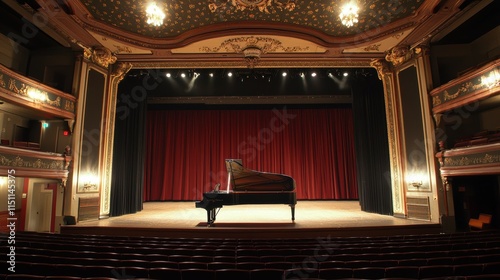 Stunning solo black grand piano performance in an empty theater's captivating light