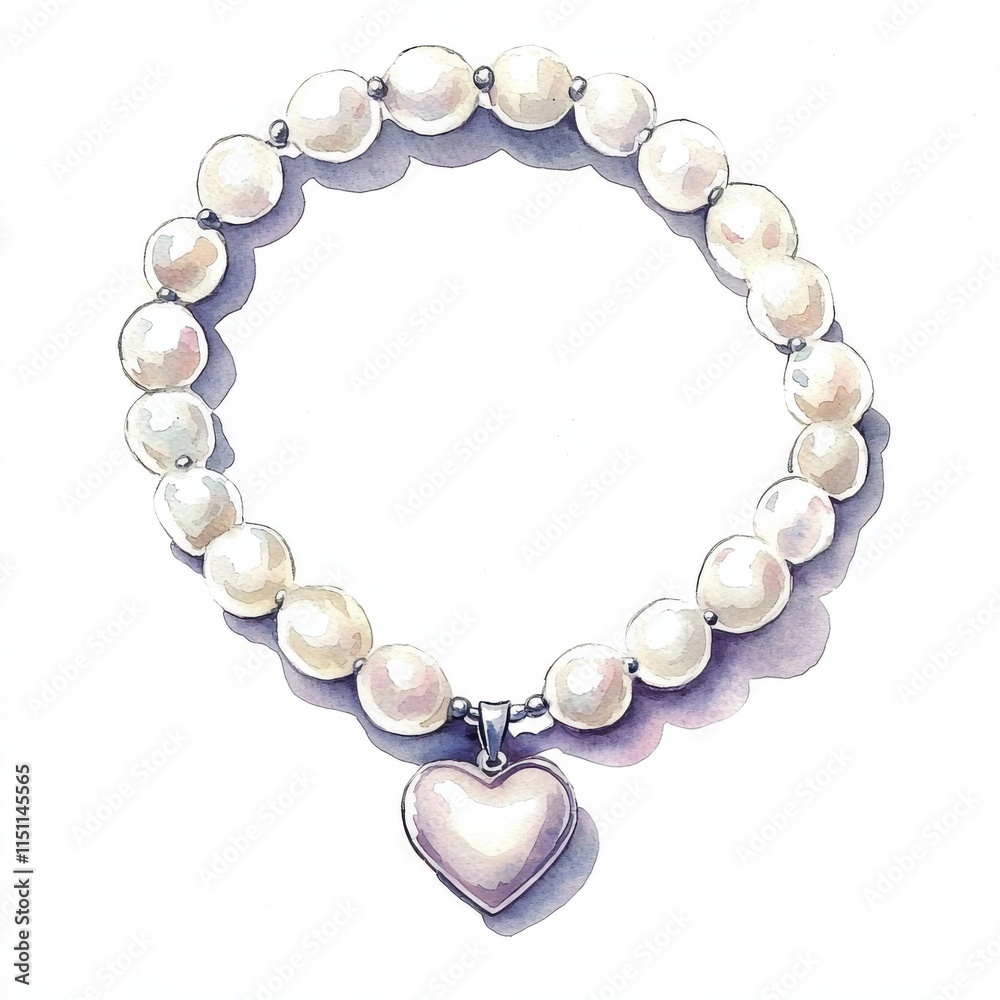 Obraz premium Elegant watercolor pearl bracelet with heart charm artful jewelry display studio setting aesthetic appeal, isolated on white background