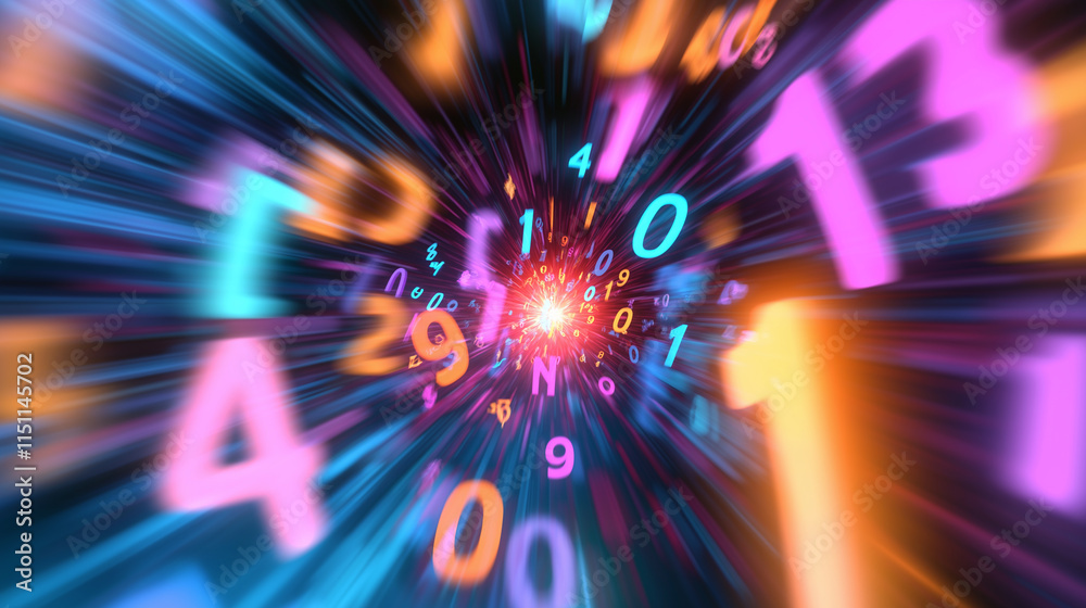 Fototapeta premium Bright vortex of neon numbers and symbols creating a digital tunnel effect with glowing, futuristic colors. 
