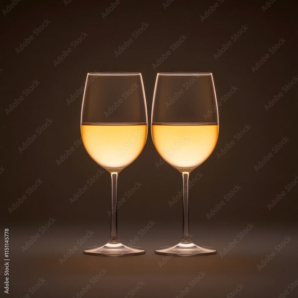 Two elegant wine glasses with white wine against a dark background, creating a sophisticated and minimalist look. Two elegant wine glasses with white wine against a dark background, creating a sophisticated and minimalist look.