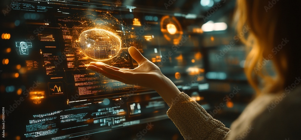 A person interacting with a holographic interface displaying data and graphics. A person interacting with a holographic interface displaying data and graphics.