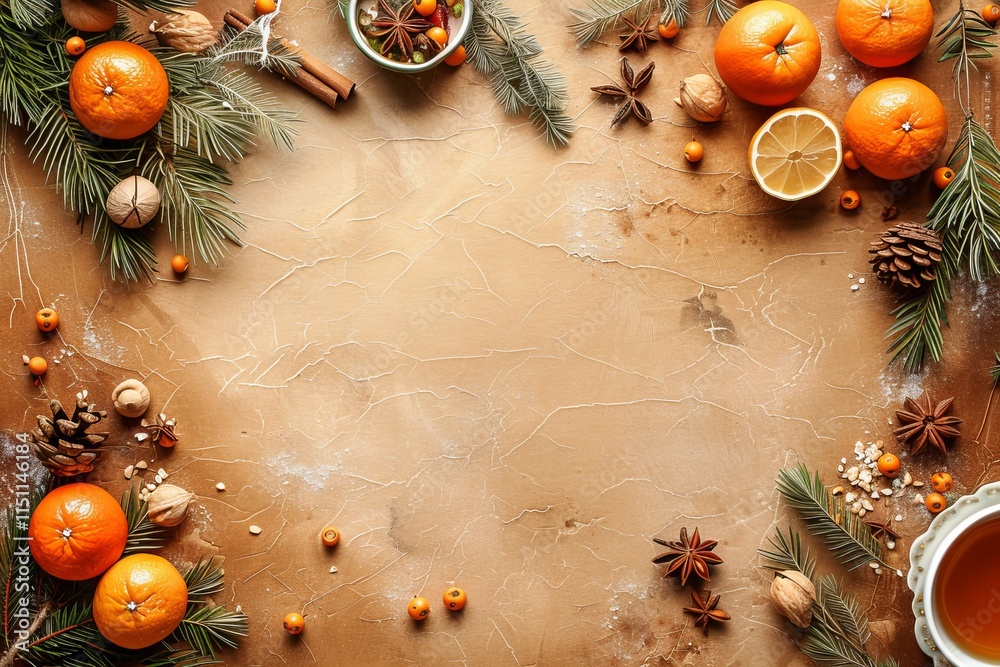 Rustic holiday background with oranges, cinnamon, and pine tree branches.
