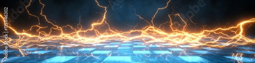 Golden lightning bolts and electric discharges glowing on a vivid blue checkered grid