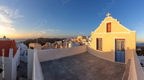Fototapeta Naklejka Na Ścianę i Meble -  Oia village, Santorini, Greece. Traditional houses on Santorini Island. Narrow streets and rooftops, churches and hotels. Sunset view.