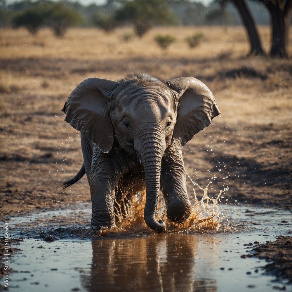 Fototapeta premium A baby elephant splashing in a puddle.