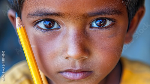 Close-up of a pencil, a boy in a primary school classroom, the idea of education and school life, Kathmandu, Nepal --