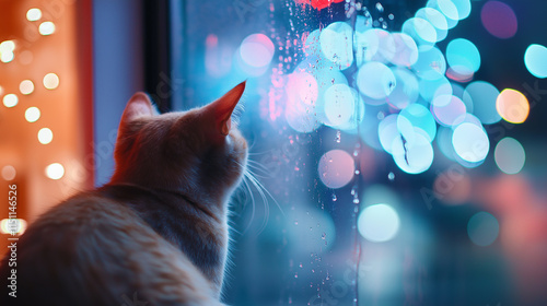 A cat sitting by a rainy window, looking out at colorful city lights with a cozy and contemplative atmosphere. photo