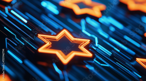 Glowing orange stars placed on a futuristic blue circuit board with vibrant digital lighting effects. photo