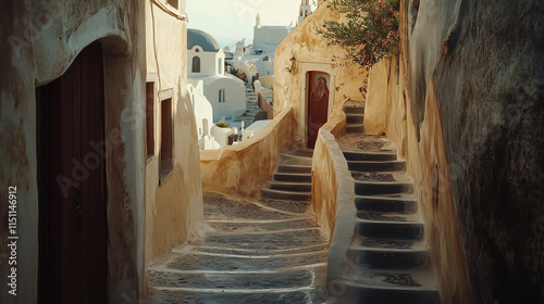 Fototapeta Naklejka Na Ścianę i Meble -  Oia village, Santorini, Greece. Traditional houses on Santorini Island. Narrow streets and rooftops, churches and hotels. Sunset view.