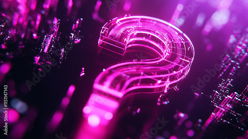 A glowing neon pink question mark surrounded by futuristic digital elements and vibrant light effects. photo