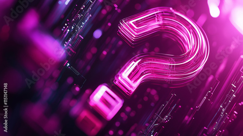 A glowing neon pink question mark surrounded by futuristic digital elements and vibrant light effects. photo