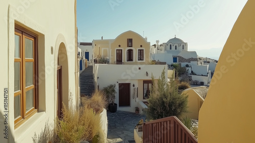 Fototapeta Naklejka Na Ścianę i Meble -  Oia village, Santorini, Greece. Traditional houses on Santorini Island. Narrow streets and rooftops, churches and hotels. Sunset view.
