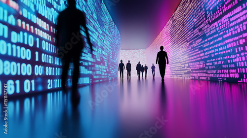 Silhouetted figures walking through a vibrant tunnel of digital binary code in glowing blue and pink hues.
