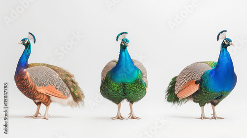 8K High Definition Isolated Male Peacock Illustration, Triple View