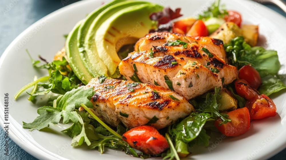 Grilled Salmon Fillet on Fresh Garden Salad with Avocado, Cherry Tomatoes and Mixed Greens, Healthy Eating Concept for Nutrition and Wellness Lifestyle