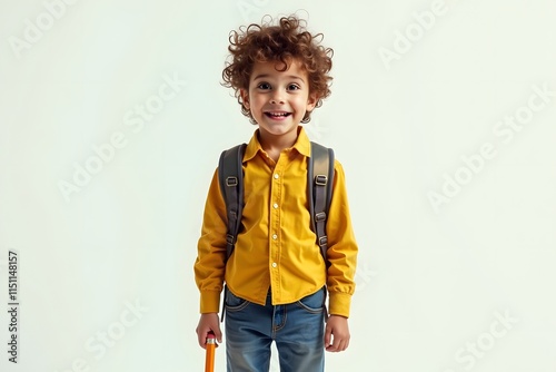 A child goes to school happily, isolated on plain white background