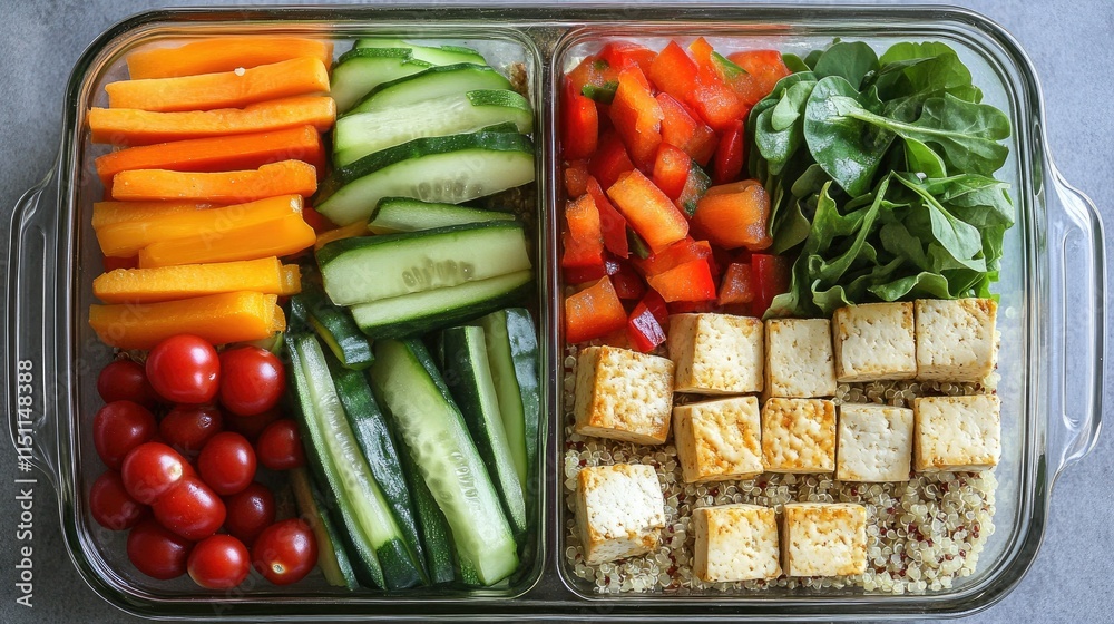 Colorful and Healthy Vegetable and Tofu Meal Prep in Glass Container with Fresh Greens, Cherry Tomatoes, and Quinoa for Nutritious Eating Colorful and Healthy Vegetable and Tofu Meal Prep in Glass Container with Fresh Greens, Cherry Tomatoes, and Quinoa for Nutritious Eating