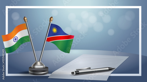 India and Namibia National flags on small table with bokeh background, cooperative relationship