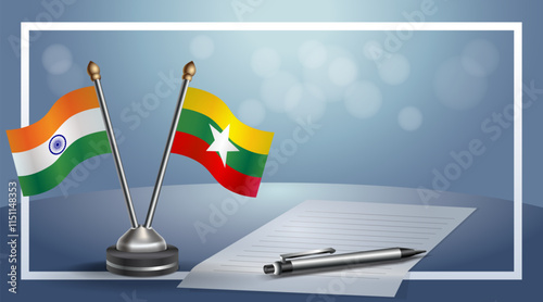 India and Myanmar National flags on small table with bokeh background, cooperative relationship