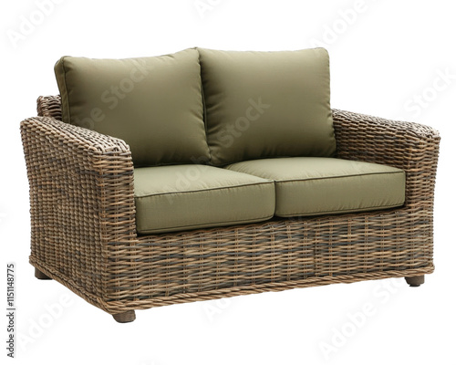 Cozy wicker loveseat with green cushions, perfect for outdoor relaxation. This stylish seating option enhances any patio or garden space with its natural charm photo