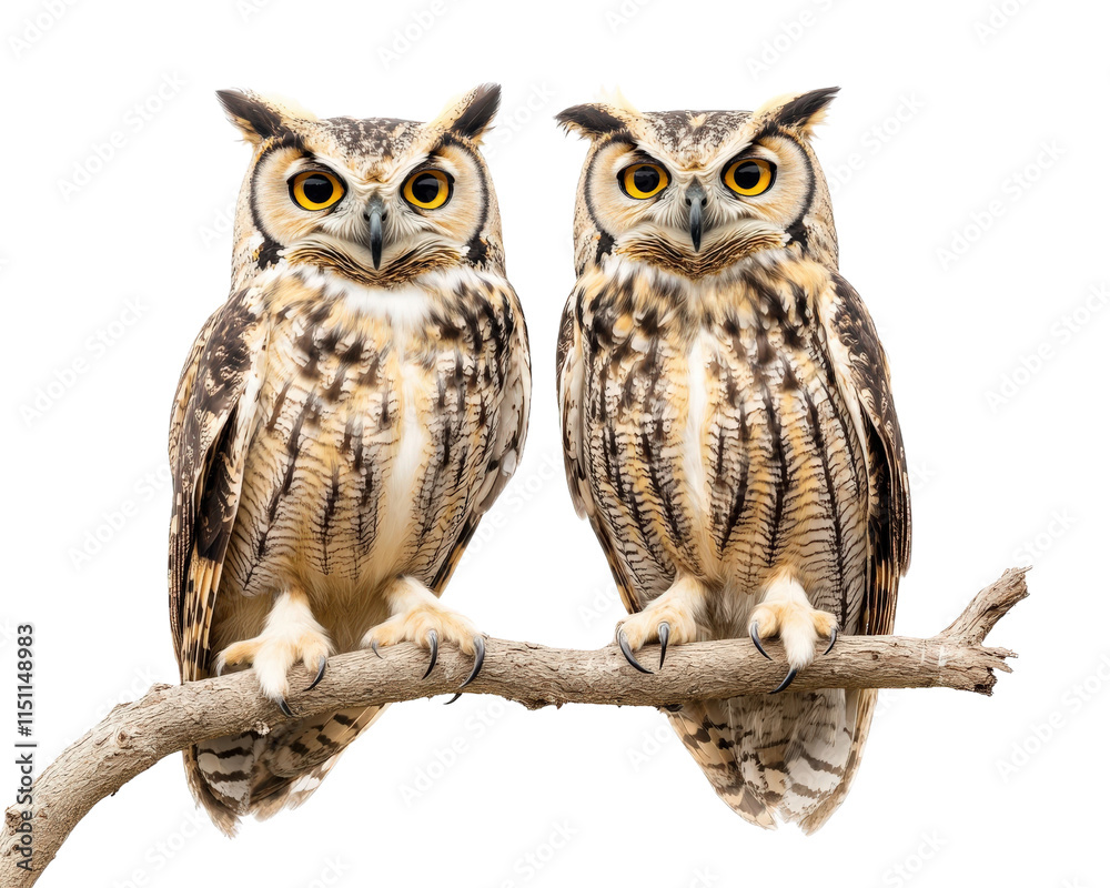 Majestic owls perched on branch, showcasing their striking features and vibrant eyes. These birds symbolize wisdom and mystery in nature Majestic owls perched on branch, showcasing their striking features and vibrant eyes. These birds symbolize wisdom and mystery in nature