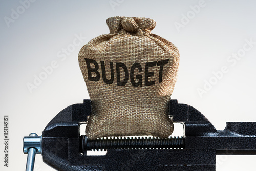 Finance, economy and business squeezing idea. Bag with money of buget in vise.