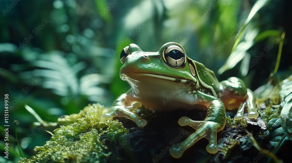 Obraz premium Green frog with large eyes in tropical rainforest