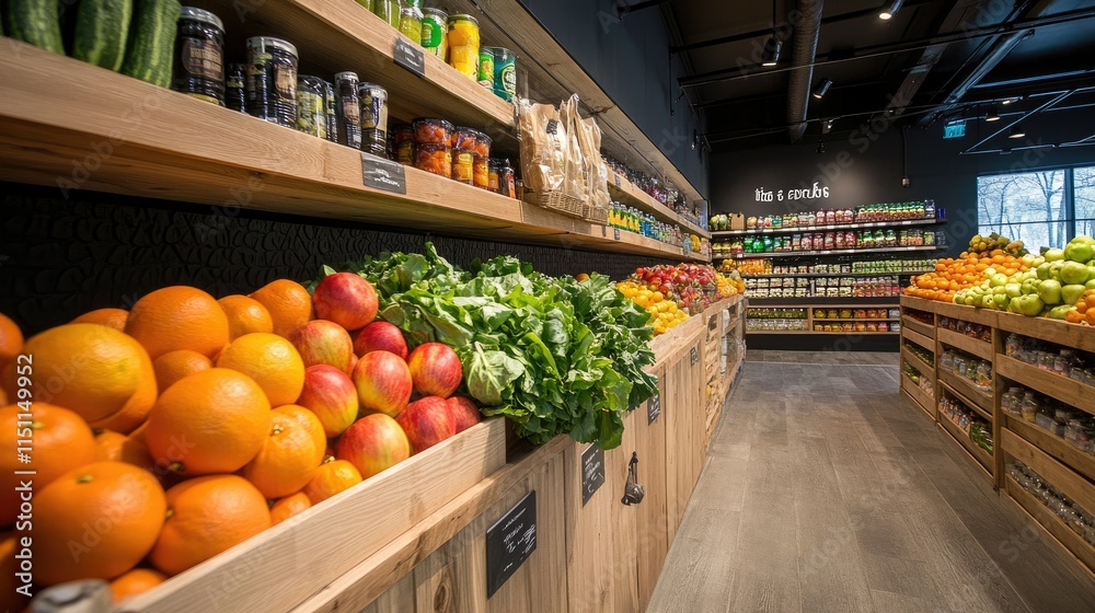 Fresh and Colorful Produce Displayed in a Modern Grocery Store Interior with Wooden Shelves and Vibrant Fruits and Vegetables Lighting Up the Space Fresh and Colorful Produce Displayed in a Modern Grocery Store Interior with Wooden Shelves and Vibrant Fruits and Vegetables Lighting Up the Space
