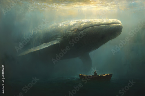 Whale swimming beneath a small boat, symbolizing awe, nature's power, exploration, and the profound connection between humanity and the ocean's depths photo